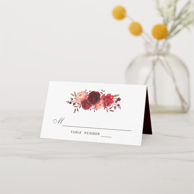 Burgundy Marsala Red Roses Floral Wedding Place Card (Front)