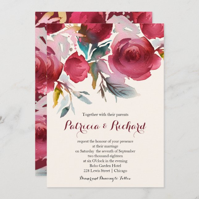 Burgundy Marsala Romantic Floral Wedding Invitation (Front/Back)