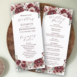 Burgundy Marsala Rustic Floral Watercolor Wedding Programme