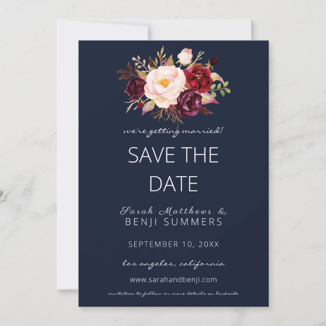 Burgundy Marsala Save the Date Change Navy Invitation (Front)