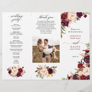 Burgundy Marsala Tri-Fold Wedding Program Photo Flyer