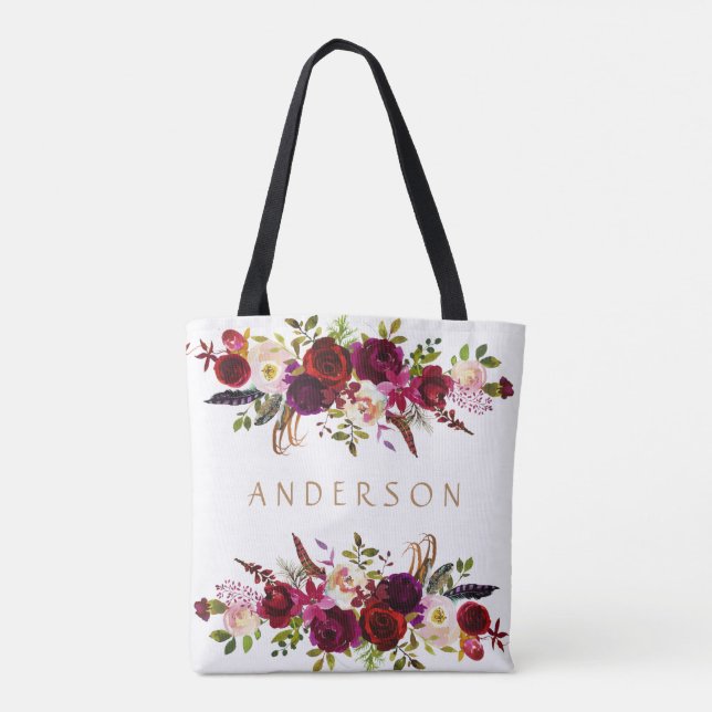 Burgundy Marsala Watercolor Bohemian Floral Tote Bag (Back)
