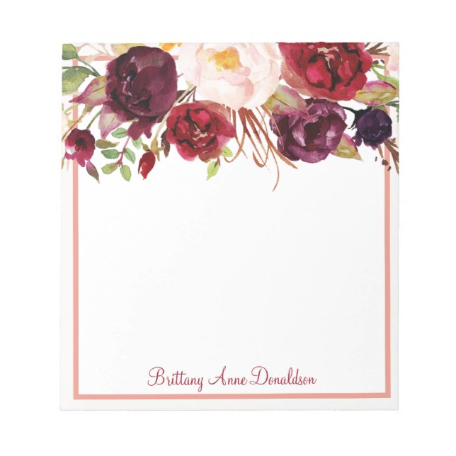 Burgundy Marsala Watercolor Floral Personalise Notepad (Front)