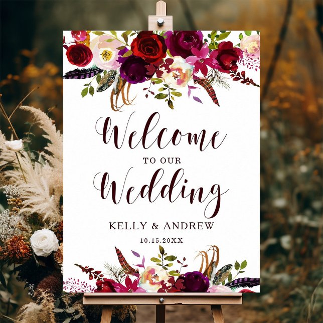 Burgundy Marsala Watercolor Floral Welcome Wedding Poster (Creator Uploaded)