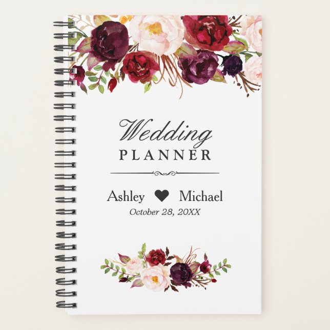 Burgundy Marsala Watercolor Red Floral Wedding Planner (Front)