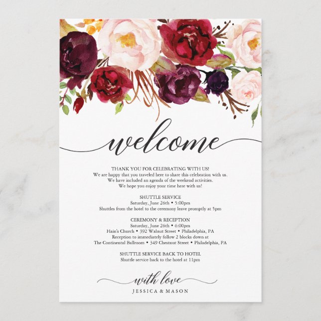 Burgundy Marsala Wedding Welcome Itinerary Letter Programme (Front)
