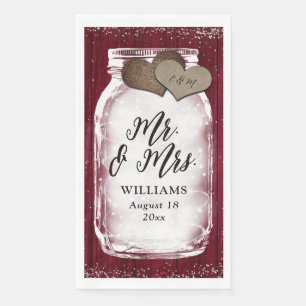 Burgundy Mason Jar Barn Wood Mr. & Mrs. Wedding Napkin
