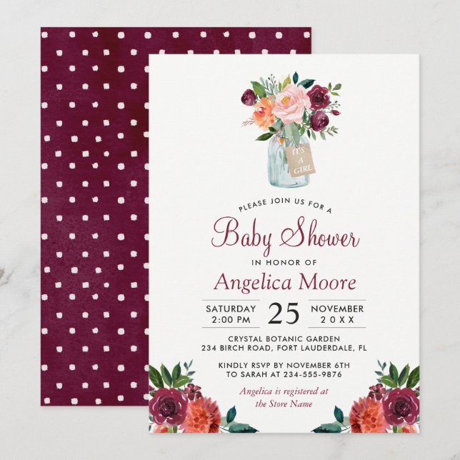 Burgundy Mason Jar Floral Polka Dots Baby Shower Invitation (Front/Back)