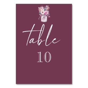 Burgundy Mason Jar with Flowers Table Number