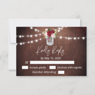 Burgundy Mason Jar Wood String Lights Flower RSVP  Card