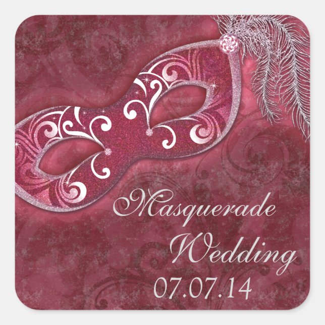 Burgundy Masquerade Ball Mardi Gras Wedding Square Sticker (Front)