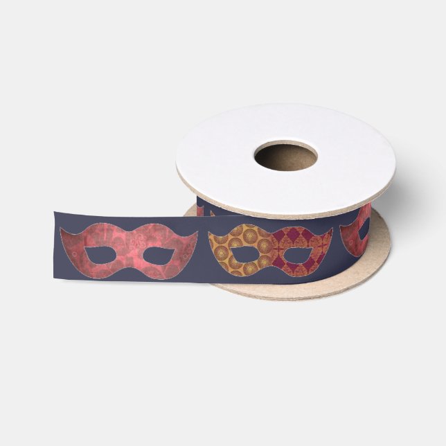 Burgundy Masquerade Masks Pattern Satin Ribbon (Spool)