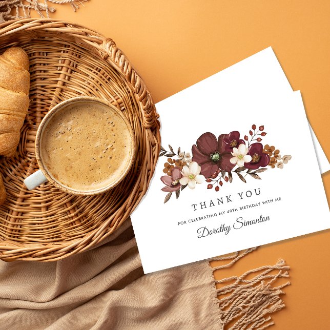 Burgundy Mauve Ivory Fall 40th Birthday Flat Thank You Card (Need matching fall  party supplies? Message me!)