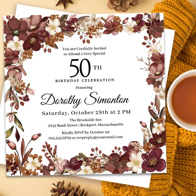 Burgundy Mauve Ivory Fall Floral 50th Birthday Invitation (Need matching party supplies? Message me!)