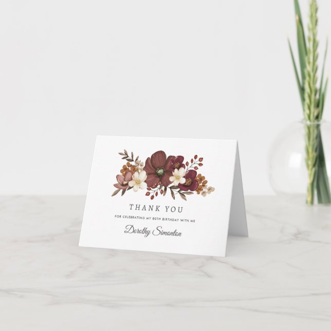 Burgundy Mauve Ivory Fall Floral 80th Birthday Thank You Card (Front)