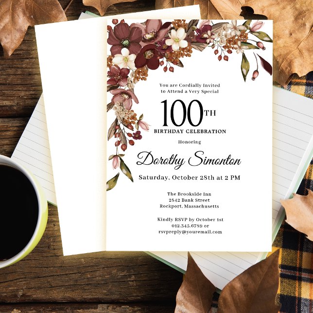 Burgundy Mauve Ivory Fall Flowers 100th Birthday Invitation (Need matching burgundy red, mauve, ivory white party supplies? Message me!)