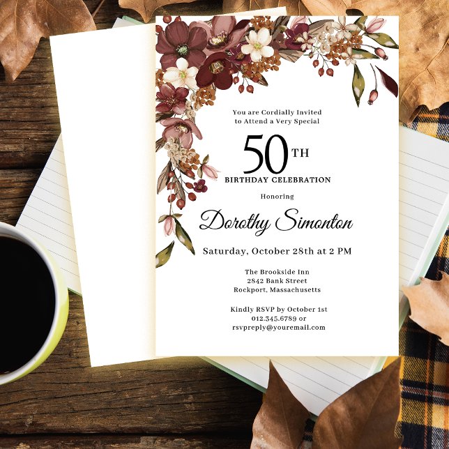 Burgundy Mauve Ivory Fall Flowers 50th Birthday Invitation (Need matching fall floral party supplies? Message me!)