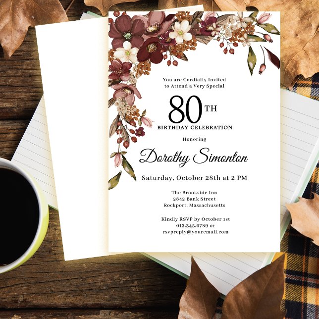 Burgundy Mauve Ivory Fall Flowers 80th Birthday Invitation (Need matching fall party supplies? Message me!)