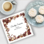 Burgundy Mauve White Fall Flower 50th Birthday Napkin<br><div class="desc">Elegant burgundy, mauve and ivory white fall flowers create a very pretty floral frame. Berries and branches give it a modern and rustic Boho vibe. The birthday celebrant's name is written in a timeless script font. Two lines of text below let you customise your birthday message. This item is part...</div>