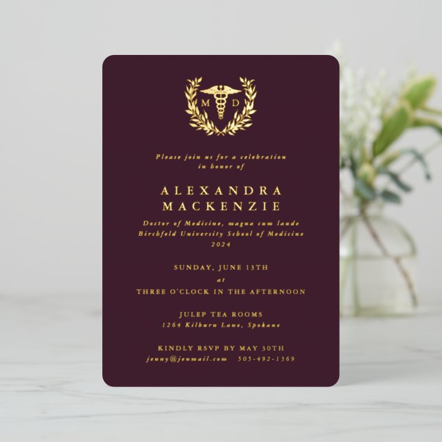 Burgundy MD Caduceus + Laurel Wreath Graduation (Standing Front)
