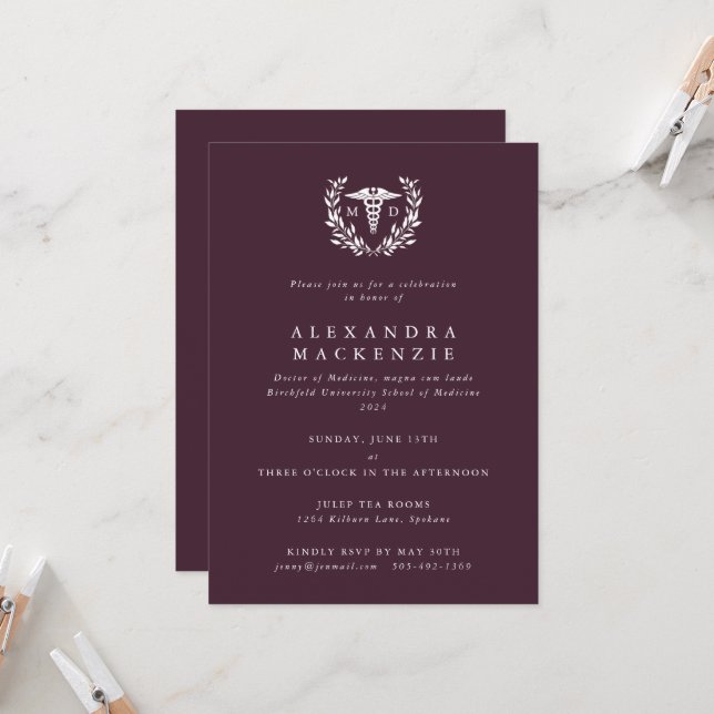 Burgundy MD Caduceus+Laurel Wreath Graduation Invitation (Front/Back In Situ)