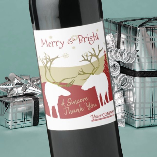 Burgundy Merry & Bright Holiday Bottle Label (company Christmas logo wine labels, corporate holiday stickers, rustic elk antlers red burgundy gold)