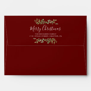 Burgundy Merry Christmas Greenery Return Address Envelope