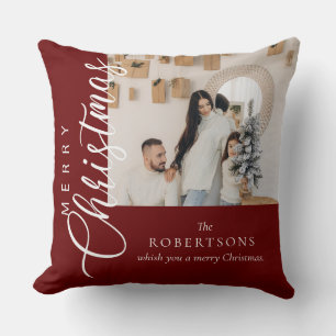 Burgundy Merry Christmas Photo Cushion