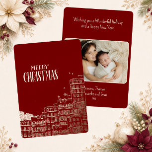 Burgundy Merry Christmas Townscape Photo Gold Foil