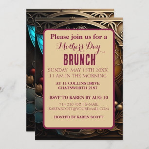 Burgundy Metal Art with pearls Mother's Day Invitation