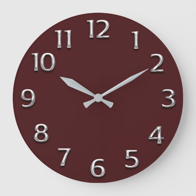 Burgundy  Metal Silver Grey Grey Arabic Numers Large Clock (Front)