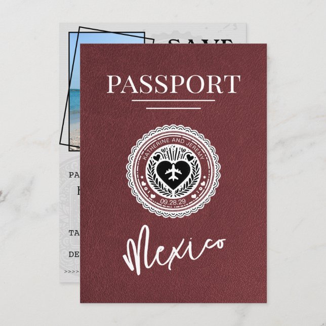 Burgundy Mexico Passport Save The Date (Front/Back)