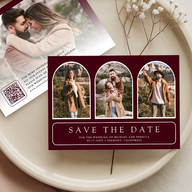 Burgundy Minimal Arch Photo QR Code Wedding Save The Date (Creator Uploaded)