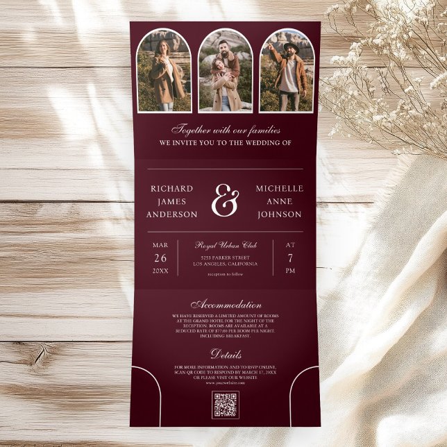 Burgundy Minimal Arch Photo QR code Wedding Tri-Fold Invitation (Creator Uploaded)