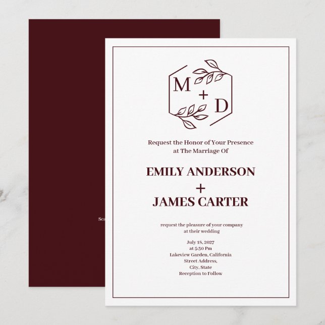 Burgundy Minimalist Botanical Monogram Wedding  Invitation (Front/Back)