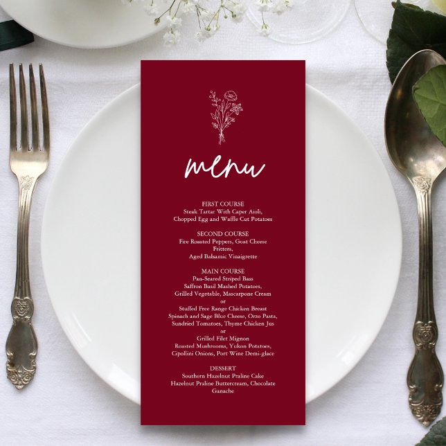 Burgundy Minimalist Botanicals Terracotta Wedding Menu (Burgundy minimalist botanical wedding menu adds rich warmth while showcasing your dishes beautifully)