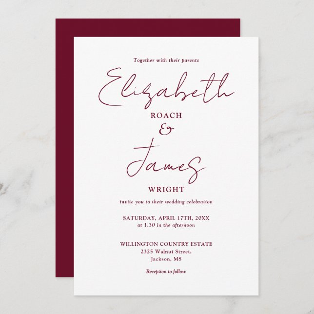 Burgundy Minimalist Elegant Script Wedding Invitation (Front/Back)