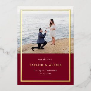 Burgundy Minimalist Frame Photo Save the Date Gold