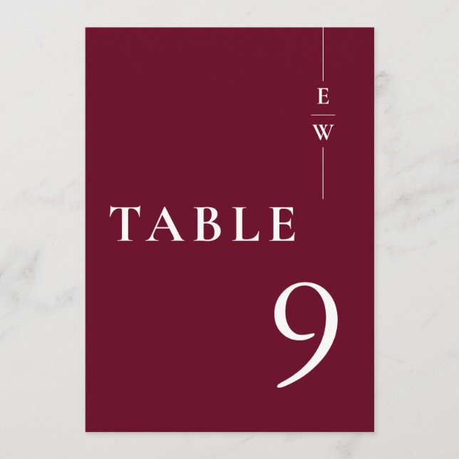 Burgundy Minimalist Modern Monogram Table Number (Front)