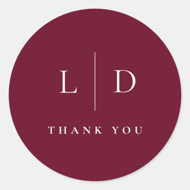 Burgundy Minimalist Monogram Wedding Favour Classic Round Sticker (Front)