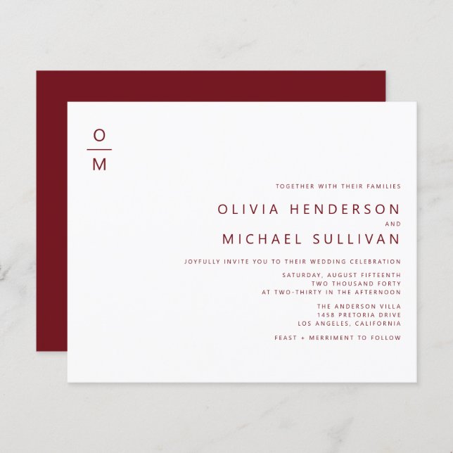Burgundy Minimalist Monogram Wedding Invitation (Front/Back)