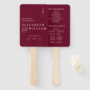 Burgundy Minimalist Monogram Wedding Program Hand Fan