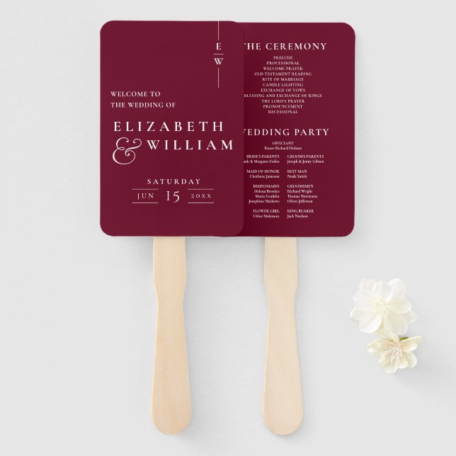 Burgundy Minimalist Monogram Wedding Program Hand Fan (Front and Back)
