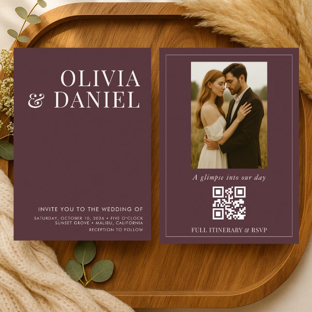 Burgundy Minimalist Photo QR Code Wedding Invitation (Creator Uploaded)