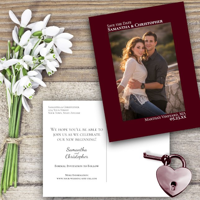 Burgundy Minimalist Photo Wedding Save the Date Announcement Postcard (Creator Uploaded)