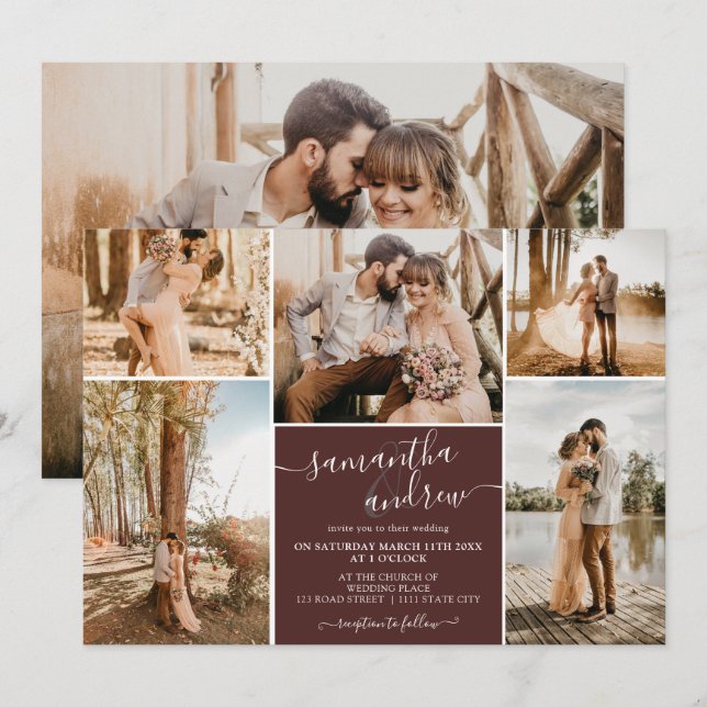 Burgundy minimalist script 6 photos wedding invitation (Front/Back)