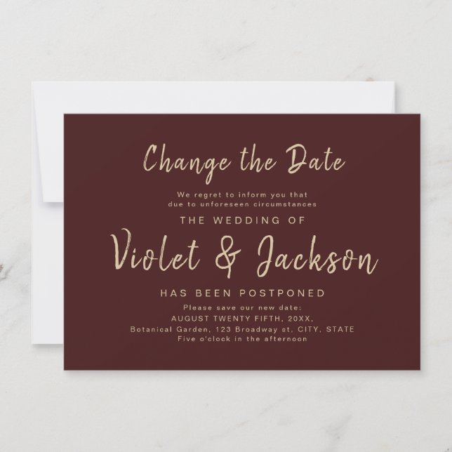 Burgundy minimalist script change the date wedding invitation (Front)