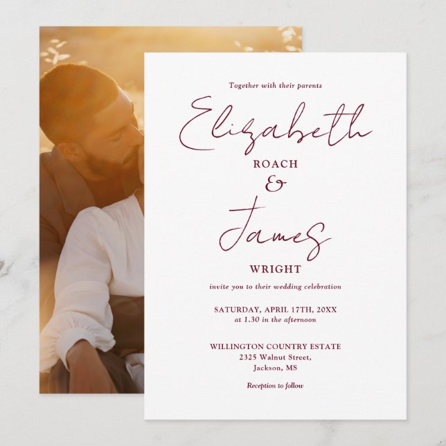 Burgundy Minimalist  Script Photo Wedding Invitation (Front/Back)