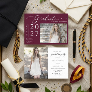 Burgundy Minimalist Script School Graduate Photo Invitation
