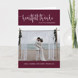 Burgundy Minimalist Script Wedding Photo Folded Thank You Card